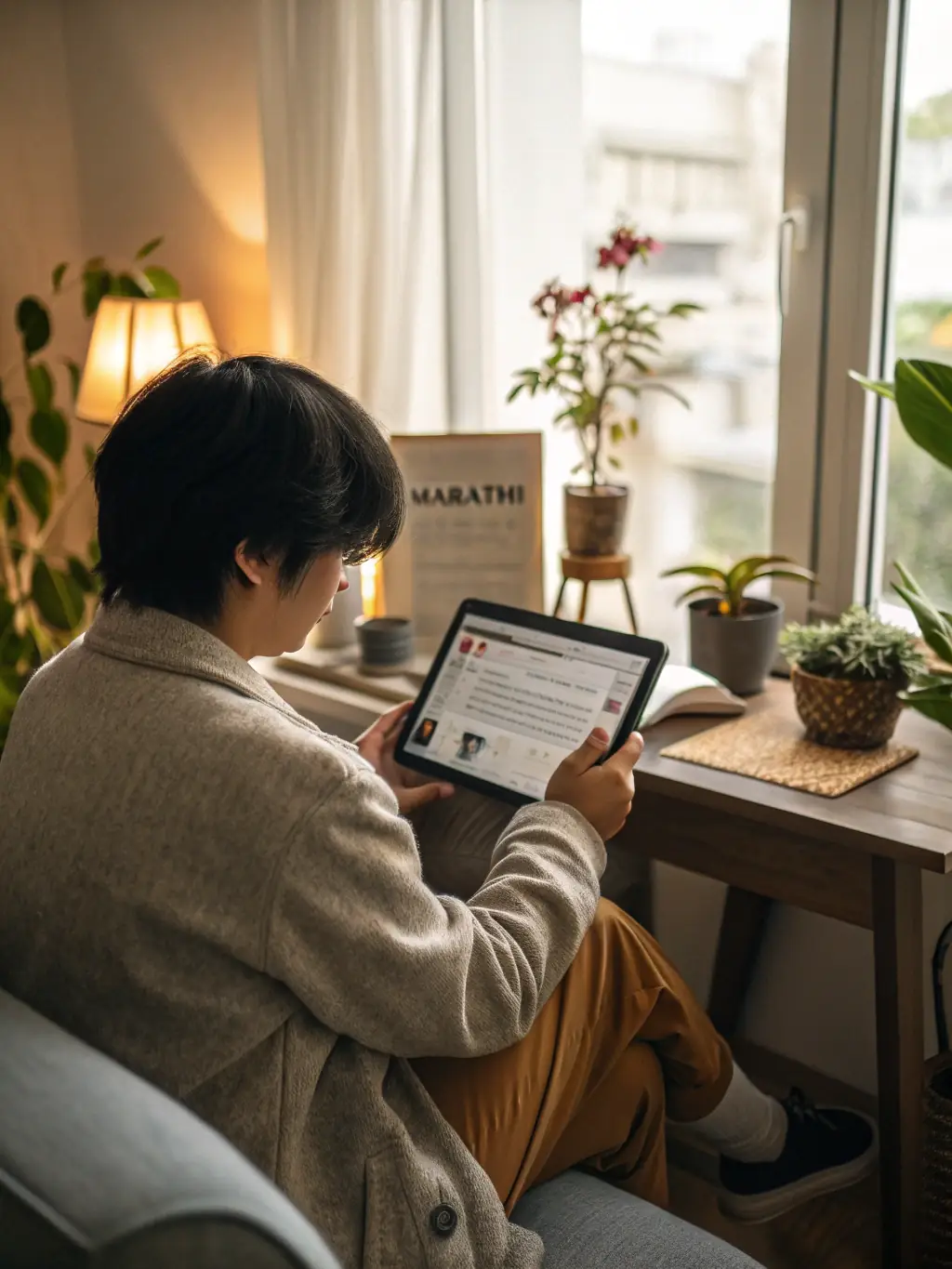 A person sitting at a desk, reviewing a budget plan on a tablet, with a calculator and financial documents nearby, symbolizing effective personal budgeting.