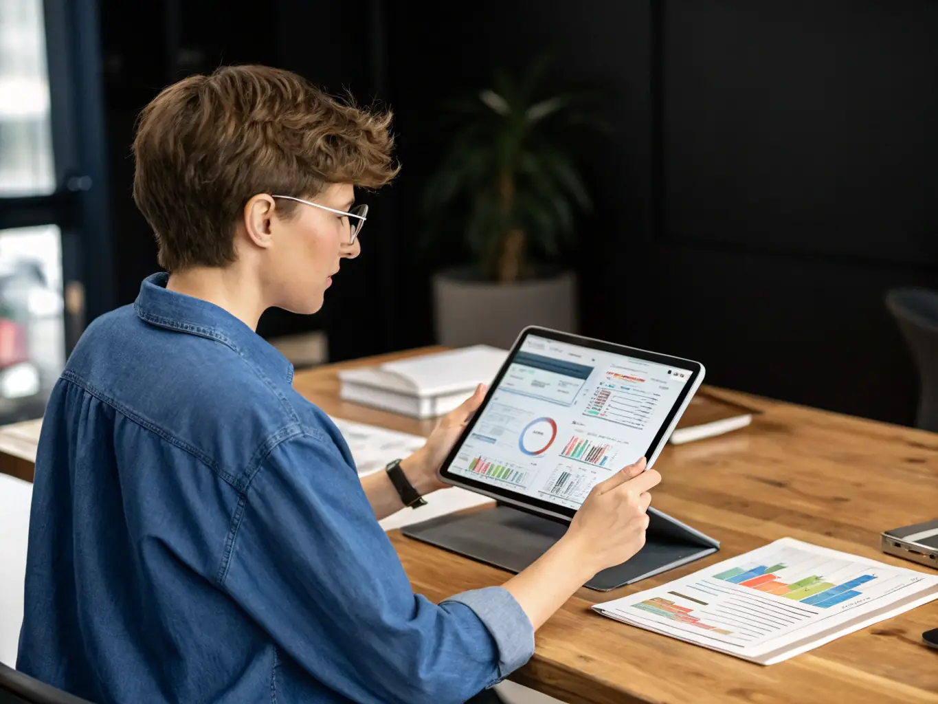 A person using a budgeting app on their tablet, with charts and graphs displayed, in a bright and modern office setting.