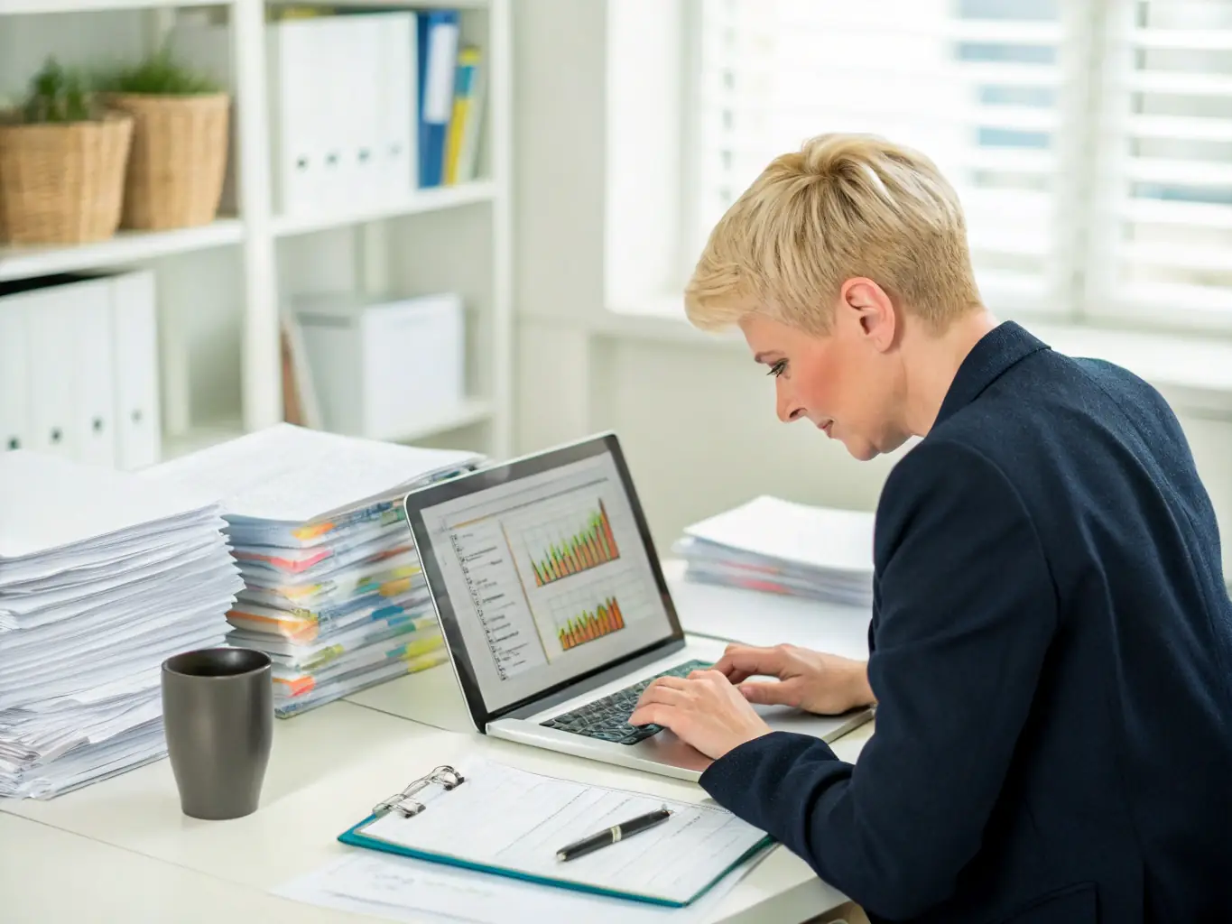A professional accountant working on a financial report using a spreadsheet template, with a calculator and financial documents on the desk.