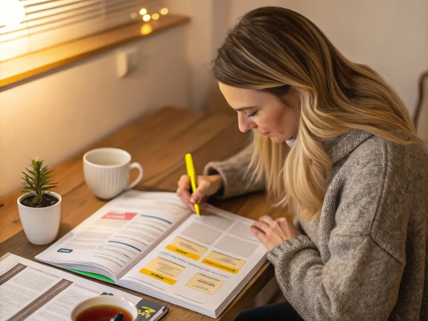 A person reading a financial guide on a laptop, with a cup of coffee and a notebook nearby, in a cozy home environment.